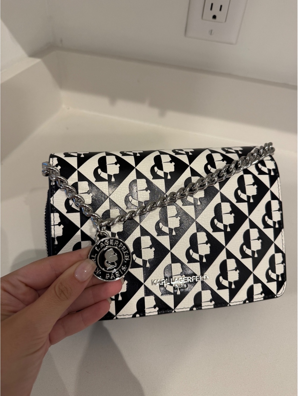 Karl Lagerfeld Paris Black & White Monogram Crossbody Bag - Picture 2 of 6